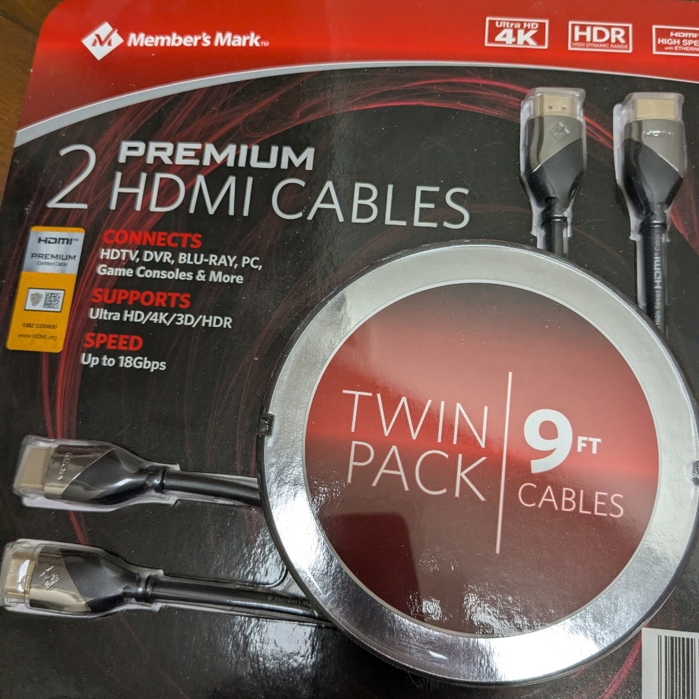 Two pack HDMI CABLES, 9 FOOT WITH BONUS 6 CABLE MANAGEMENT TIES